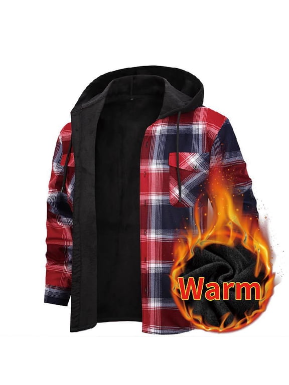 Men's 2025 Flannel Lined Plaid Jacket - Button Down Hooded Flannel, Winter Workwear with Fleece Lining, Outdoor Shirt Coat