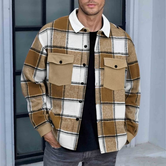 FDGIU Men's 2025 Flannel Shirt Jacket - Button Down Plaid Shacket, Fleece Lined with Pockets, Long Sleeve Lightweight Fall Outerwear & Layering Piece