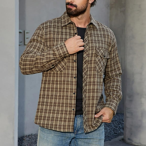 FDGIU Men's 2025 Plaid Flannel Shirt - Long Sleeve Button Down, Classic Pocket Casual Fall Top