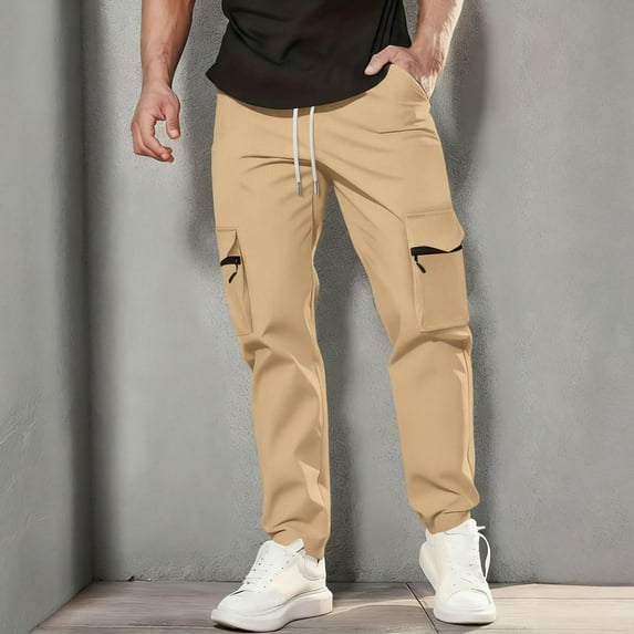 FDGIU Men's Athletic Cargo Pants, Regular-Fit Drawstring Joggers with Multiple Pockets for Work, Outdoor & Casual Wear