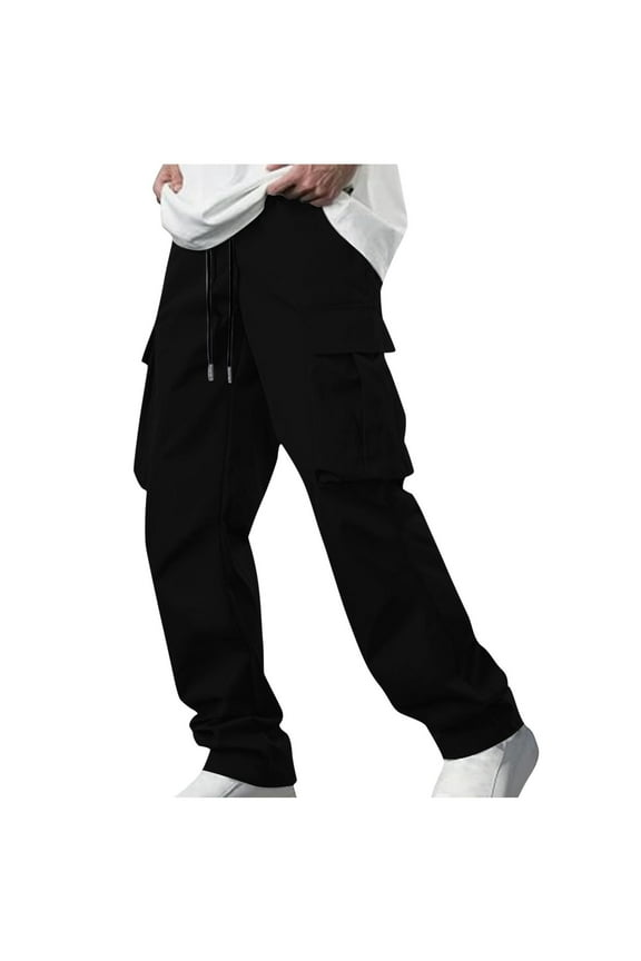 Men's Baggy Cargo Pants - Straight Leg Twill Work Pants, Elastic Drawstring Waist for Outdoor Casual Wear