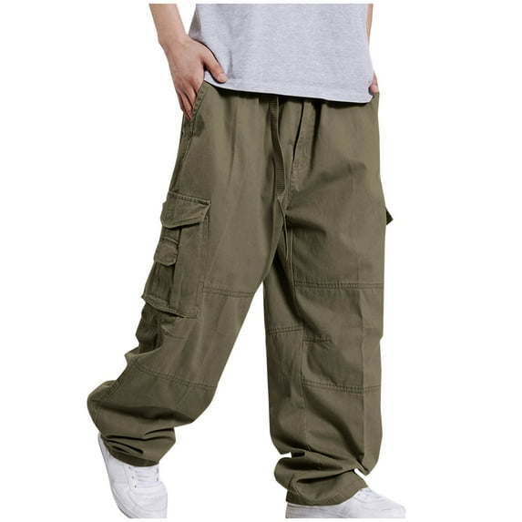 FDGIU Men's Baggy Cargo Pants - Straight Leg Twill Work Pants, Elastic Drawstring Waist for Outdoor Casual Wear