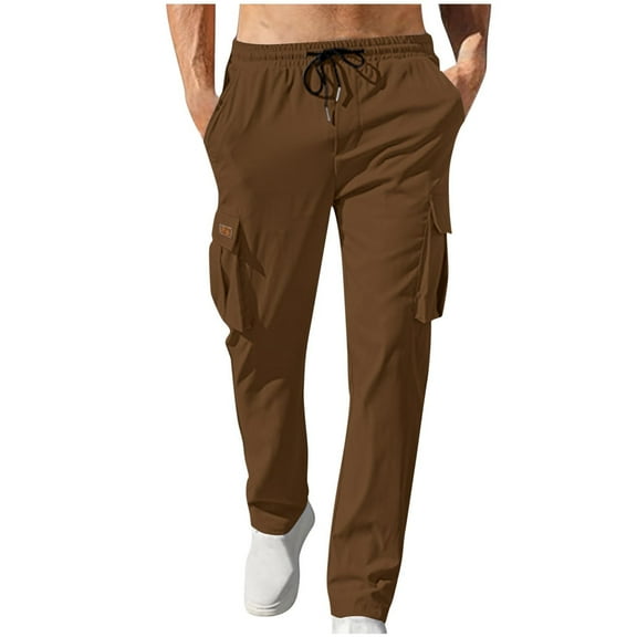 FDGIU Men's Baggy Cargo Pants - Straight Leg Twill Work Pants, Elastic Drawstring Waist for Outdoor Casual Wear