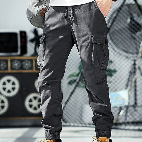 FDGIU Men's Baggy Cargo Pants - Straight Leg Twill Work Pants, Elastic Drawstring Waist for Outdoor Casual Wear