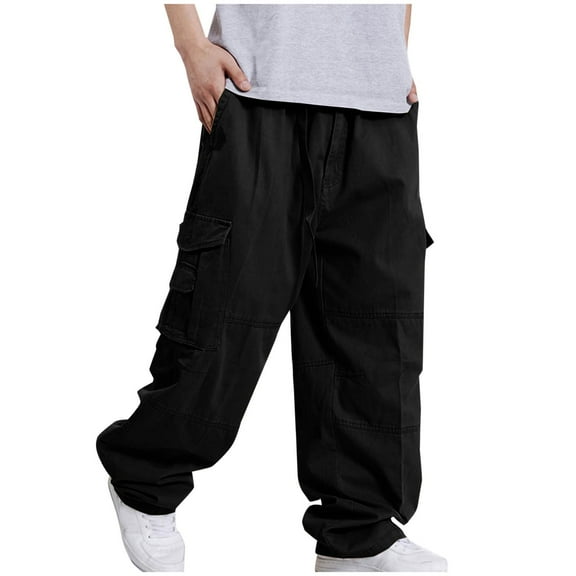 FDGIU Men's Baggy Cargo Pants - Straight Leg Twill Work Pants, Elastic Drawstring Waist for Outdoor Casual Wear