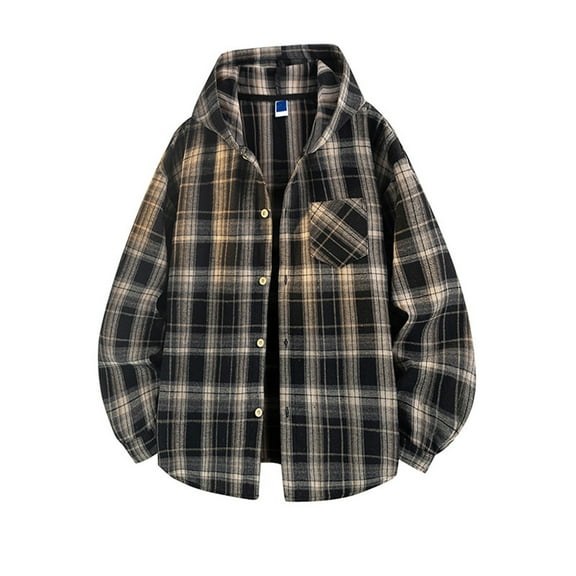 FDGIU Men's Fall Flannel Hoodie - Button Down Plaid Shirt Jacket, Casual Long Sleeve Overshirt, Stylish Lightweight Fall Outerwear