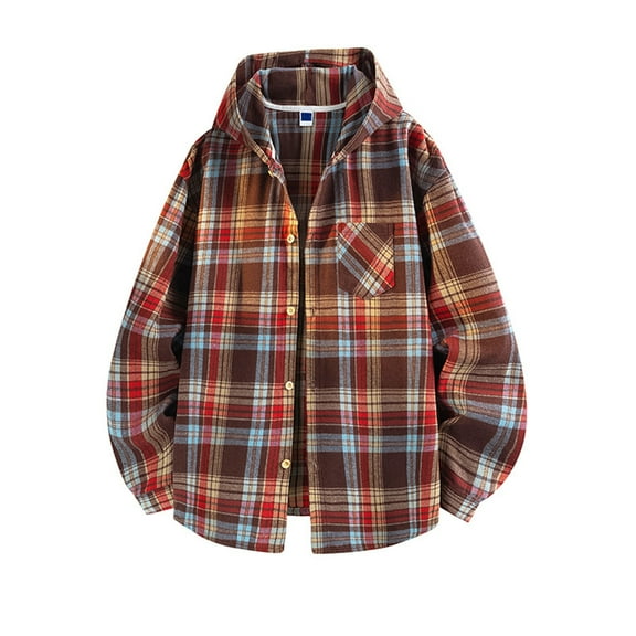FDGIU Men's Fall Flannel Hoodie - Button Down Plaid Shirt Jacket, Casual Long Sleeve Overshirt, Stylish Lightweight Fall Outerwear