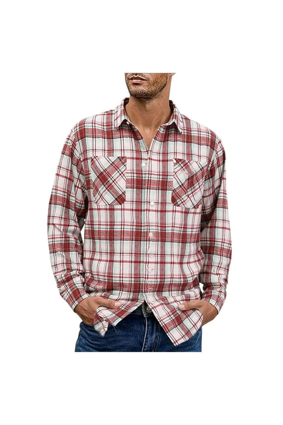 Men's Fall Flannel Shirt - Button Down Plaid, Slim Fit Cozy Long Sleeve Fall Winter Layering Piece with Pocket
