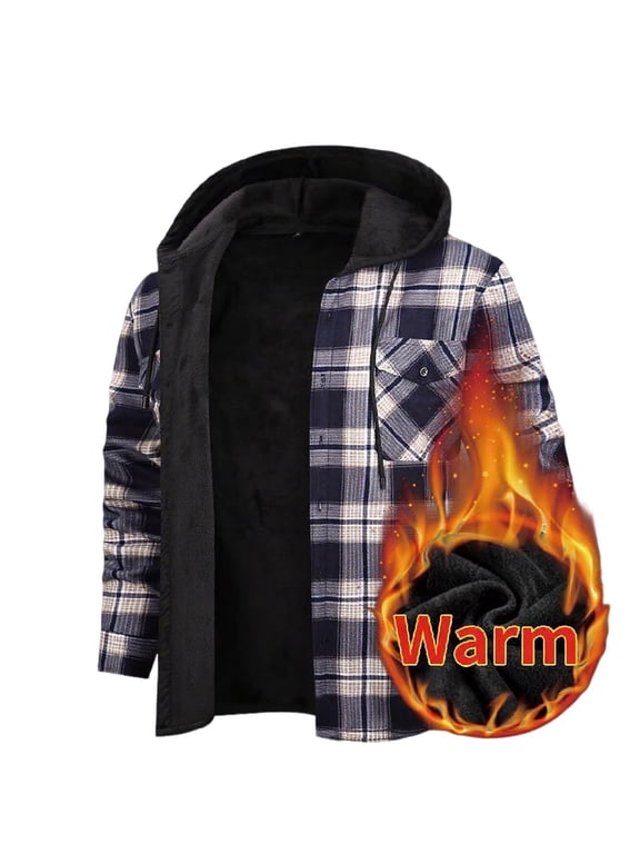 Men's Flannel Plaid Fleece Lined Hooded Shirt Jacket - Button Down Long Sleeve Winter Workwear Outdoor Coat with Pockets