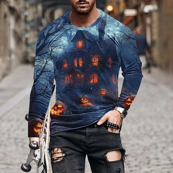 FDGIU Men's Halloween Graphic Tees Men Casual Round Neck Long Sleeve Pullover Halloween Fashion Printed T-Shirt Blouse Tops Casual Shirts