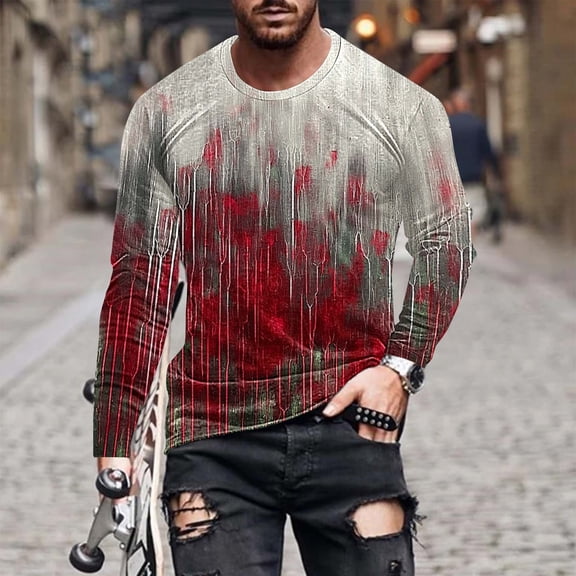 FDGIU Men's Halloween Graphic Tees Men Casual Round Neck Long Sleeve Pullover Halloween Fashion Printed T-Shirt Blouse Tops Casual Shirts