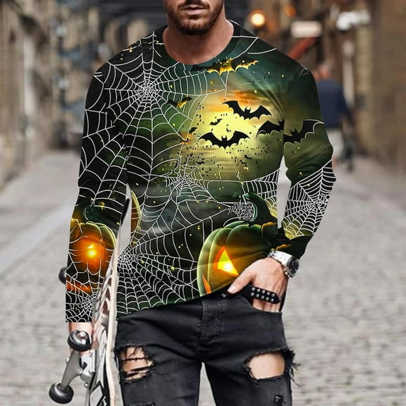 FDGIU Men's Halloween Graphic Tees Men Casual Round Neck Long Sleeve Pullover Halloween Printed T-Shirt Blouse Tops Casual Shirts