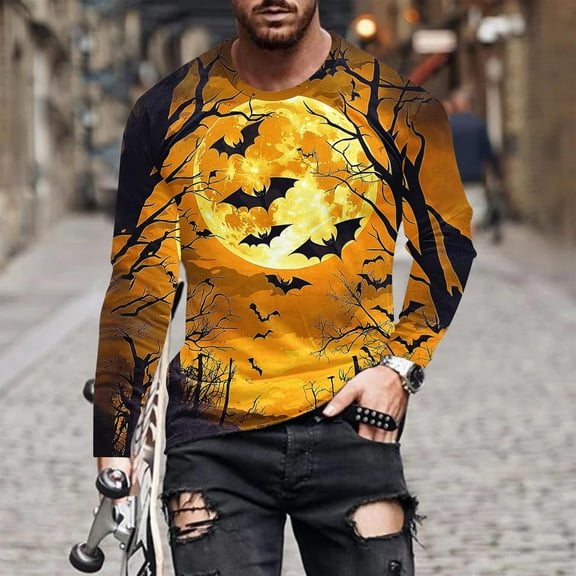 FDGIU Men's Halloween Graphic Tees Men Casual Round Neck Long Sleeve Pullover Halloween Printed T-Shirt Blouse Tops Casual Shirts