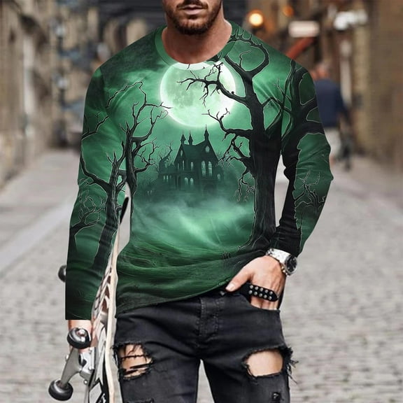 FDGIU Men's Halloween Graphic Tees Men Casual Round Neck Long Sleeve Pullover Halloween Printed T-Shirt Blouse Tops Casual Shirts