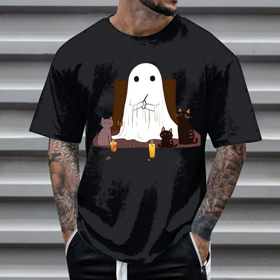 FDGIU Men's Halloween T-Shirt Plus Size Short Sleeve Shirts - Ghost Pumpkin Graphic Tee, Spooky Funny Costume Top, Loose Fit Short Sleeve Casual Shirt
