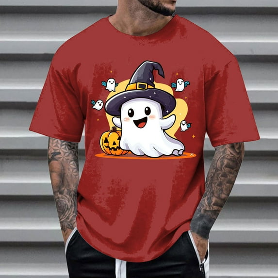 FDGIU Men's Halloween T-Shirt Plus Size Short Sleeve Shirts - Ghost Pumpkin Graphic Tee, Spooky Funny Costume Top, Loose Fit Short Sleeve Casual Shirt