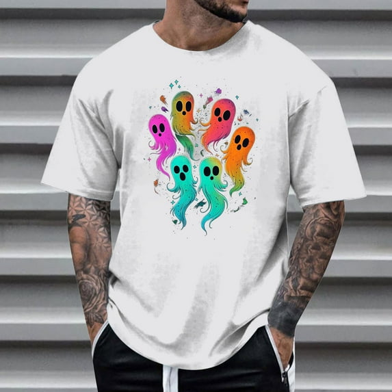 FDGIU Men's Halloween T-Shirt Plus Size Short Sleeve Shirts - Ghost Pumpkin Graphic Tee, Spooky Funny Costume Top, Loose Fit Short Sleeve Casual Shirt