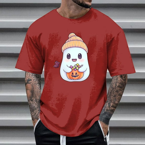FDGIU Men's Halloween T-Shirt Plus Size Short Sleeve Shirts - Ghost Pumpkin Graphic Tee, Spooky Funny Costume Top, Loose Fit Short Sleeve Casual Shirt