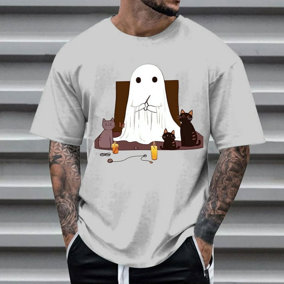FDGIU Men's Halloween T-Shirt Plus Size Short Sleeve Shirts - Ghost Pumpkin Graphic Tee, Spooky Funny Costume Top, Loose Fit Short Sleeve Casual Shirt