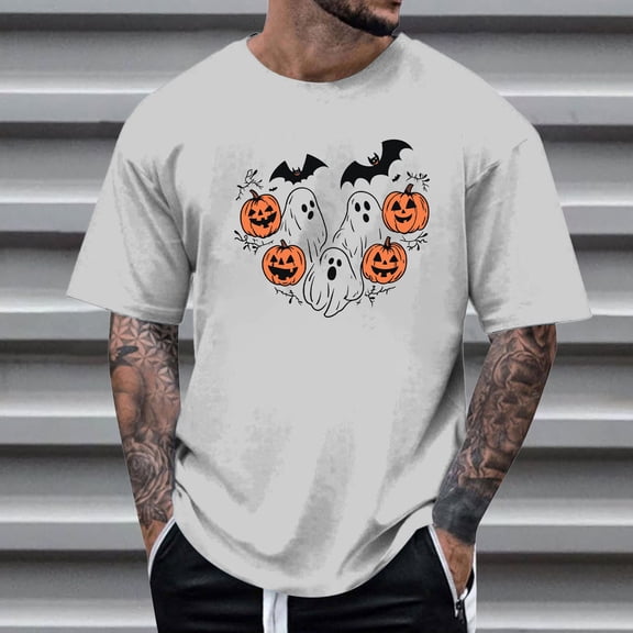 FDGIU Men's Halloween T-Shirt Plus Size Short Sleeve Shirts - Ghost Pumpkin Graphic Tee, Spooky Funny Costume Top, Loose Fit Short Sleeve Casual Shirt