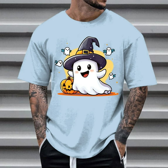 FDGIU Men's Halloween T-Shirt Plus Size Short Sleeve Shirts - Ghost Pumpkin Graphic Tee, Spooky Funny Costume Top, Loose Fit Short Sleeve Casual Shirt