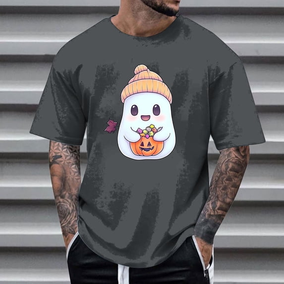 FDGIU Men's Halloween T-Shirt Plus Size Short Sleeve Shirts - Ghost Pumpkin Graphic Tee, Spooky Funny Costume Top, Loose Fit Short Sleeve Casual Shirt