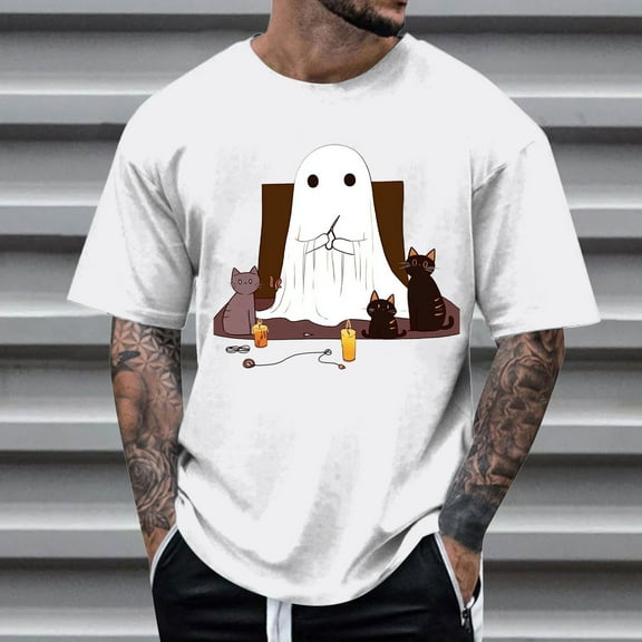 FDGIU Men's Halloween T-Shirt Plus Size Short Sleeve Shirts - Ghost Pumpkin Graphic Tee, Spooky Funny Costume Top, Loose Fit Short Sleeve Casual Shirt