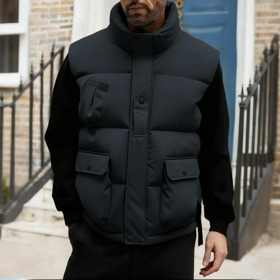 FDGIU Men's Oversized Puffer Vest - Stand Collar Zip-Up with Pockets, Lightweight Sleeveless Solid Color Jacket for Winter Casual Outdoor Wear