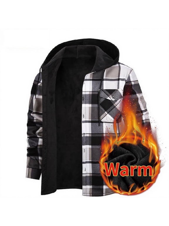 Men's Plaid Flannel Fleece Lined Hooded Jacket - Button Down Winter Outdoor Coat with Pockets