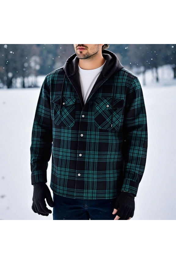 Men's Sherpa Lined Flannel Jacket - Plaid Button Hooded Winter Coat with Pockets