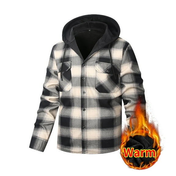 FDGIU Men's Sherpa Lined Flannel Jacket - Plaid Button Hooded Winter Coat with Pockets