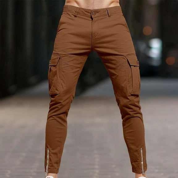 FDGIU Men's Soft Cargo Pants - Breathable Elastic Waist Joggers with Drawstring, Tapered Fit Multi-Pocket Tactical Trousers for Hiking and Daily Wear