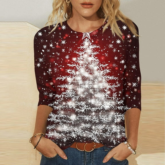 FDGIU Plus Size Christmas Tops for Women, Festive 3/4 Sleeve Crewneck T-Shirt, Cute Holiday Print Loose Fit Tunic for 2025