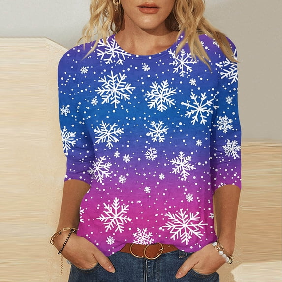FDGIU Plus Size Christmas Tops for Women, Festive 3/4 Sleeve Crewneck T-Shirt, Cute Holiday Print Loose Fit Tunic for 2025