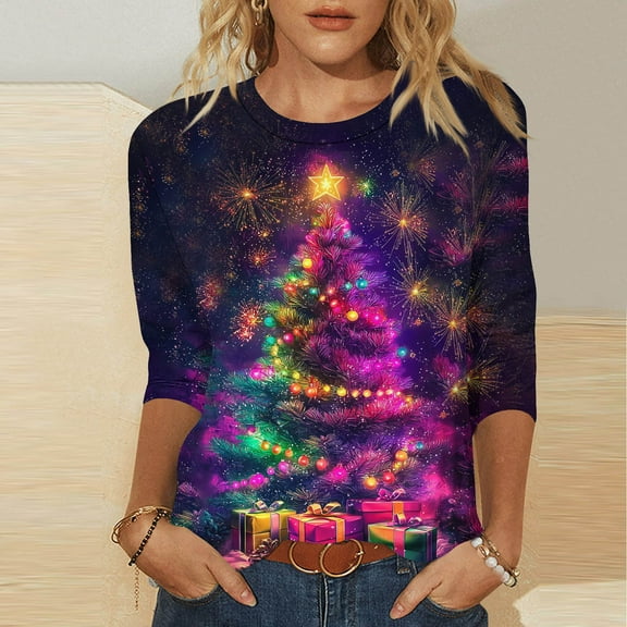FDGIU Plus Size Christmas Tops for Women, Festive 3/4 Sleeve Crewneck T-Shirt, Cute Holiday Print Loose Fit Tunic for 2025