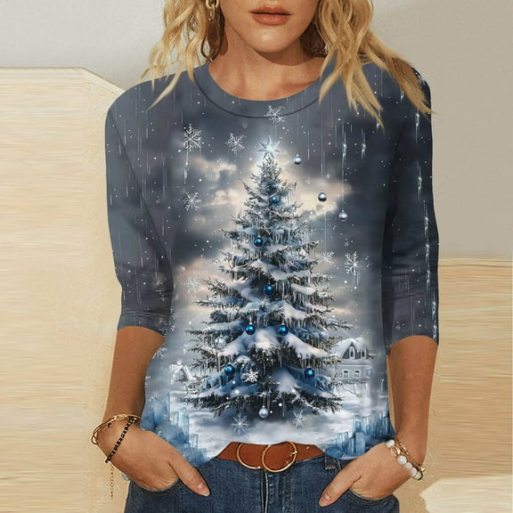 FDGIU Plus Size Christmas Tops for Women, Festive 3/4 Sleeve Crewneck T-Shirt, Cute Holiday Print Loose Fit Tunic for 2025