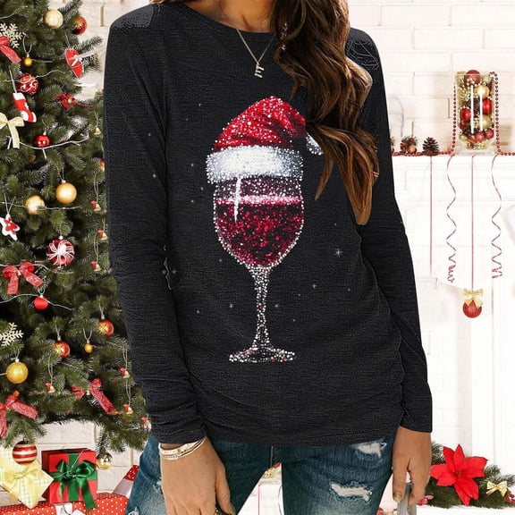FDGIU Plus Size Christmas Tops for Women, Funny Xmas Tree Graphic Long Sleeve Tunic, Festive Holiday Tee