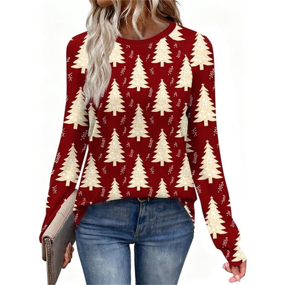 FDGIU Plus Size Christmas Tops for Women, Funny Xmas Tree Graphic Long Sleeve Tunic, Festive Holiday Tee