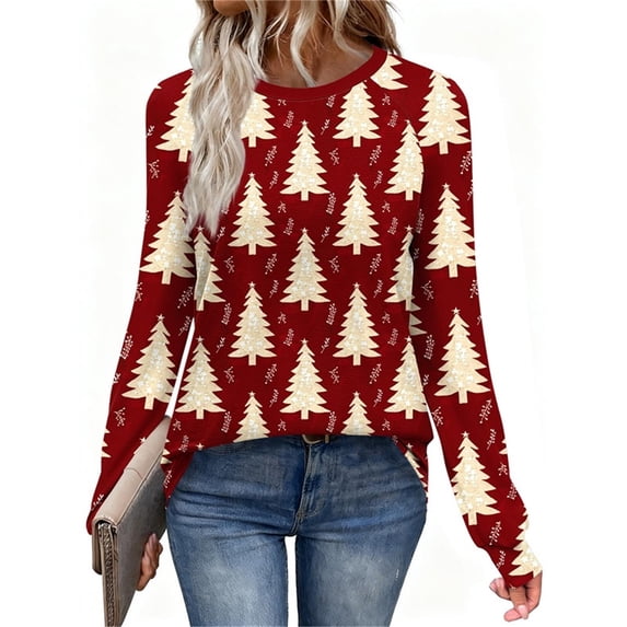 FDGIU Plus Size Christmas Tops for Women, Funny Xmas Tree Graphic Long Sleeve Tunic, Festive Holiday Tee