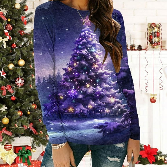 FDGIU Plus Size Christmas Tops for Women, Funny Xmas Tree Graphic Long Sleeve Tunic, Festive Holiday Tee