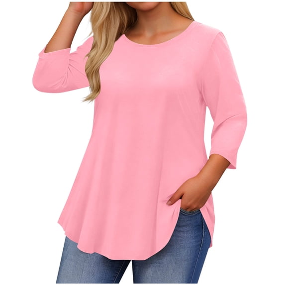 FDGIU ‌‌‌‌‌‌Plus Size Round Neck Shirts for Women - 3/4 Sleeve Loose Oversized Solid Color Blouse & Pullover Tops