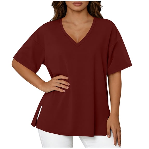 FDGIU Plus Size Tunic Tops for Women - V-Neck Short Sleeve Loose Fit Casual Blouse for Summer & Fall Wear