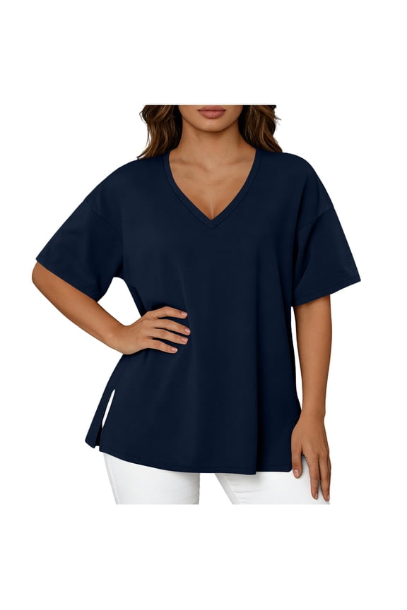 ‌‌‌‌‌‌Plus Size Tunic Tops for Women - V-Neck Short Sleeve Loose Fit Casual Blouse for Summer & Fall Wear