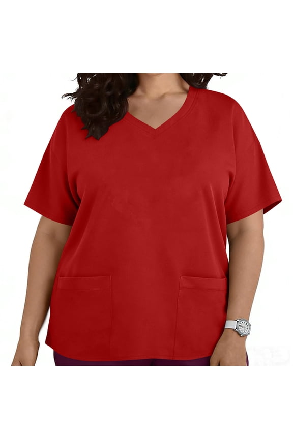 Plus Size Women's 2026 Summer V Neck Short Sleeve Scrub Top with Dual Patch Pockets, Loose Fit Work Uniform Tee for Medical & Daily Casual Wear