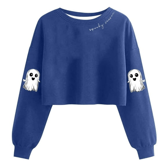 FDGIU Spooky Season Cute Ghost Graphic Women's Halloween Sweatshirt Oversized Crewneck Pullover Long Sleeve Casual Top Halloween Shirts for Women