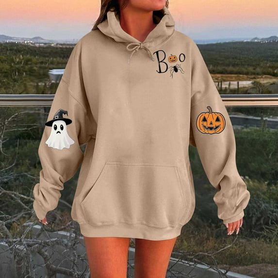 FDGIU Spooky Season Cute Ghost Graphic Women's Halloween Sweatshirt Oversized Crewneck Pullover Long Sleeve Casual Top Halloween Shirts for Women