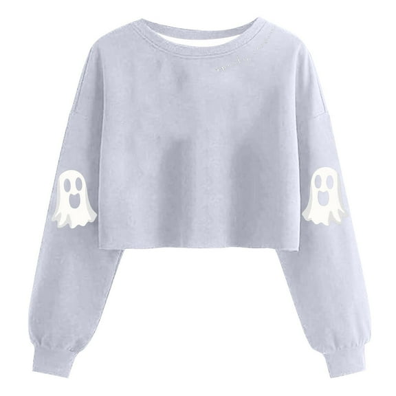 FDGIU Spooky Season Cute Ghost Graphic Women's Halloween Sweatshirt Oversized Crewneck Pullover Long Sleeve Casual Top Halloween Shirts for Women