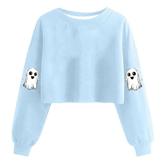 FDGIU Spooky Season Cute Ghost Graphic Women's Halloween Sweatshirt Oversized Crewneck Pullover Long Sleeve Casual Top Halloween Shirts for Women