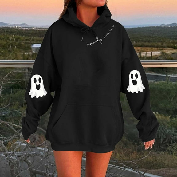FDGIU Spooky Season Cute Ghost Graphic Women's Halloween Sweatshirt Oversized Crewneck Pullover Long Sleeve Casual Top Halloween Shirts for Women