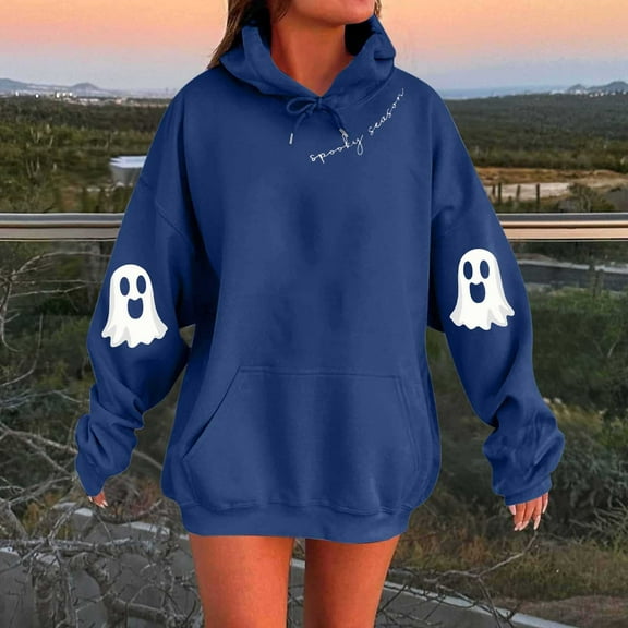 FDGIU Spooky Season Cute Ghost Graphic Women's Halloween Sweatshirt Oversized Crewneck Pullover Long Sleeve Casual Top Halloween Shirts for Women